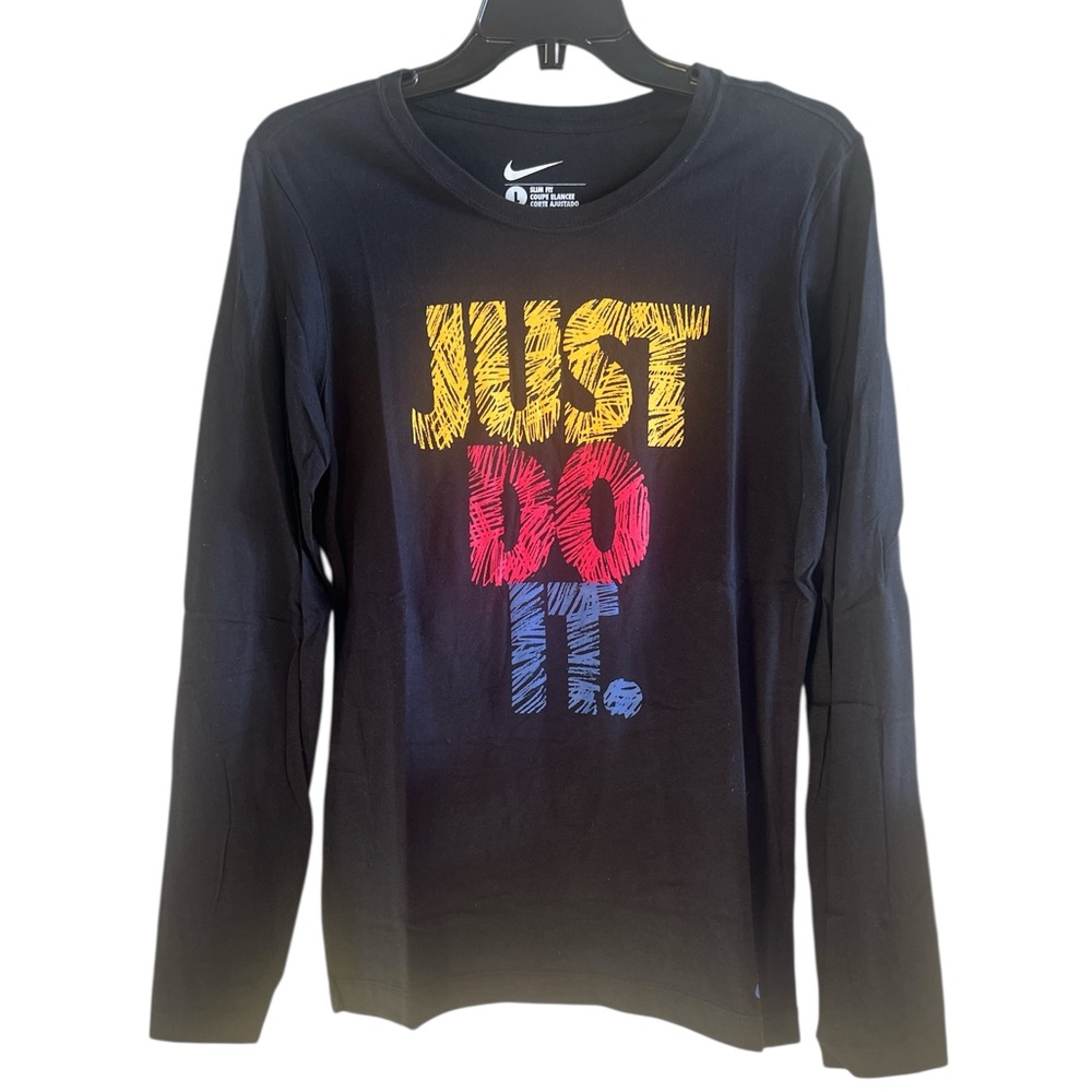 Nike Black Long Sleeve Shirt with Colorful 'Just Do It' Graphic